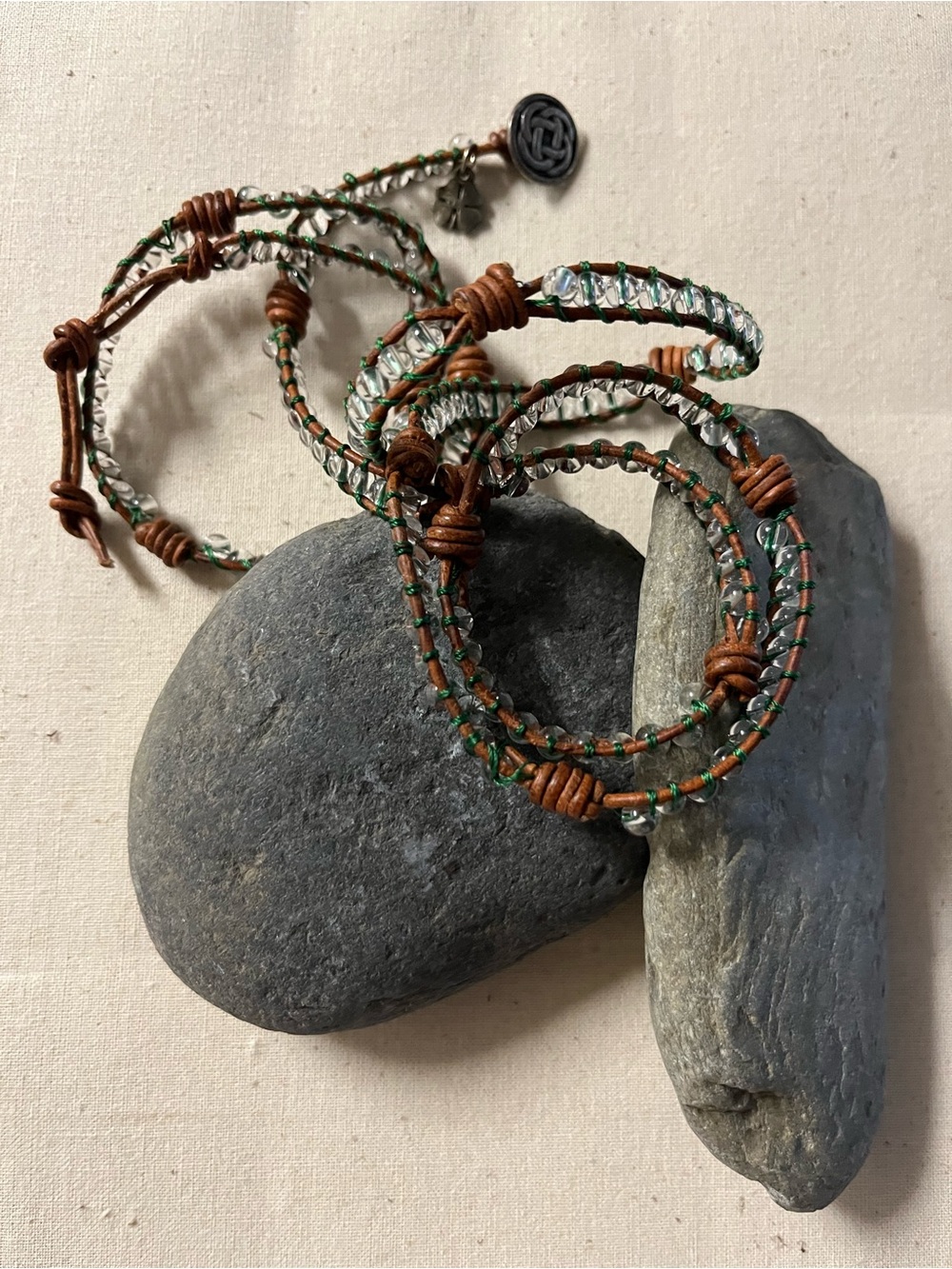 Handcrafted Brown Leather w/clear glass beads,strung w/green thread thru beads,